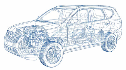 Detailed wireframe illustration showcasing the intricate internal components and engineering of a modern sport utility vehicle