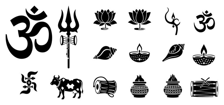 Hindu religious symbols icon set including Om trishula and lotus in black silhouette style