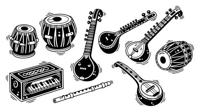 Indian musical instruments collection including sitar tabla harmonium and flute in sketch style