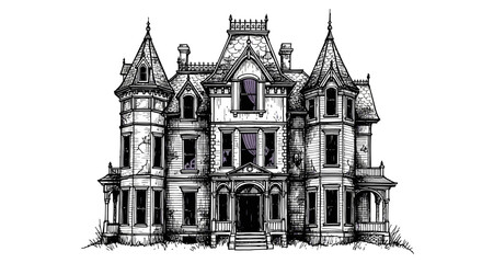 Fototapeta premium Spooky Victorian Mansion Illustration Detailed Hand-Drawn Haunted House Architecture