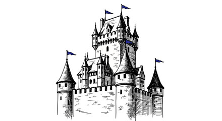 Majestic castle with towers and flags stands tall in a serene landscape view © Rishi