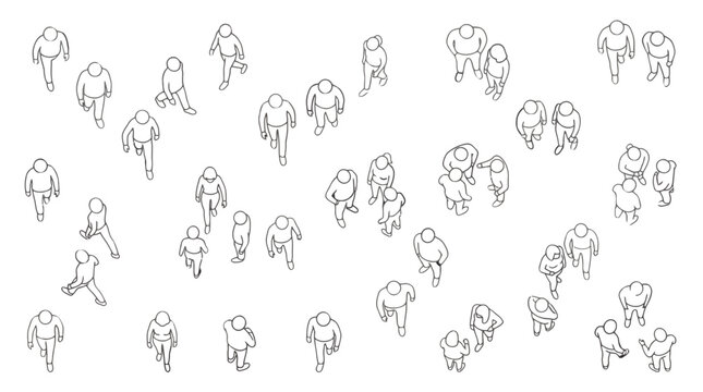 Top-down view of a diverse group of people walking in various directions