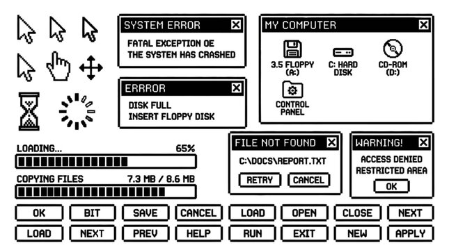 Retro computer interface elements, system errors, loading bars and icons for graphic design