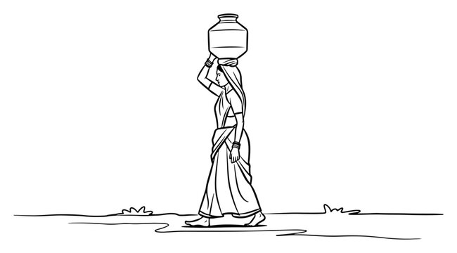 Indian woman carrying water pot on her head in minimalist black line art style