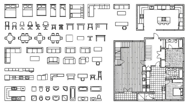 Top-down architectural furniture and layout planning icons for interior design and home renovation