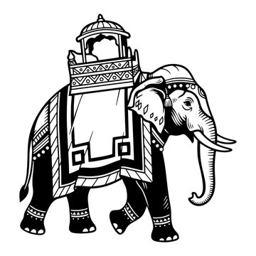 Decorated elephant with howdah on back in traditional Indian line art style