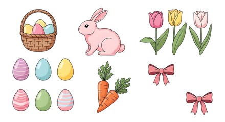 Fototapeta premium Easter themed illustrations of eggs bunny flowers and vegetables