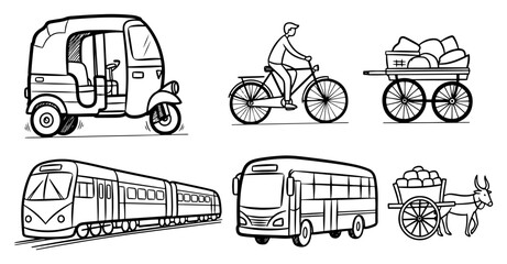 Indian transport vehicles collection featuring auto rickshaw bus train and local carts in minimalist line art style © Anna