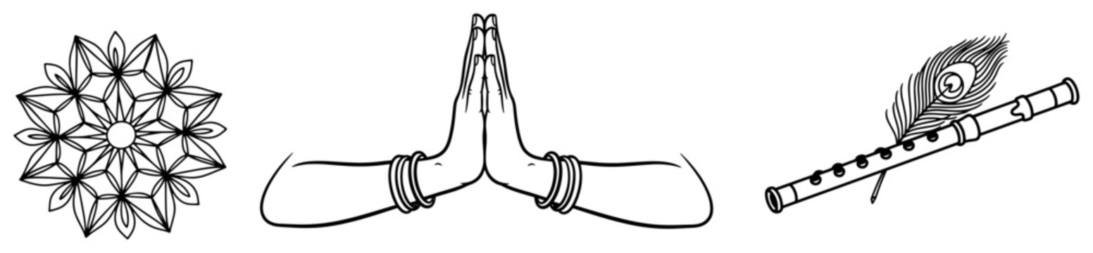 Indian religious elements including namaste hands Krishna flute and mandala in thin line art style