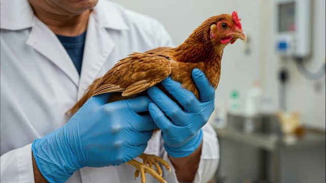 Veterinarian and Hen: A veterinarian, donning a white lab coat and gloves, gently cradles a healthy hen in their hands, the image highlighting animal care and poultry health.