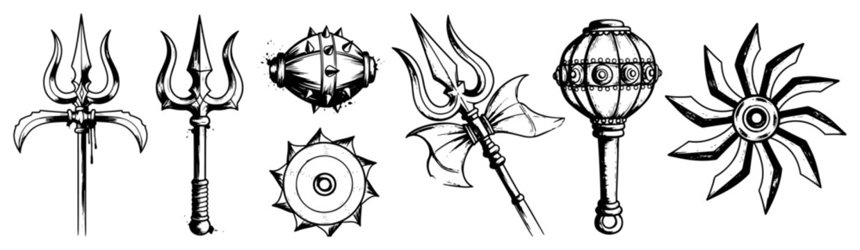 Hindu mythological divine weapons including trishula gada and sudarshana chakra in detailed sketch style