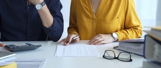 Professional accountants collaborating in a well lit office, analyzing financial data and...