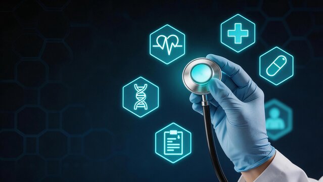 Hand holding stethoscope with medical icons