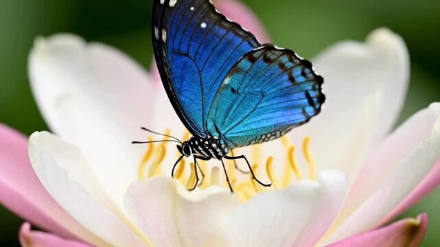 Blue Morpho Butterfly Resting on a White and Pink Lotus Flower