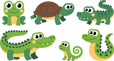 Naklejka premium Cute reptile animal vector illustration set featuring frog turtle crocodile snake and lizard in playful cartoon style