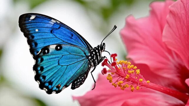 Blue Morpho Butterfly Feeding on Pink Hibiscus Flower Macro