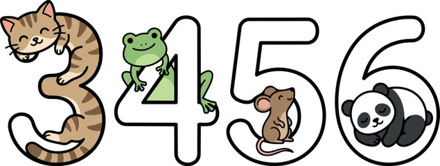 Fototapeta premium Cute sleeping cat on number three smiling green frog perched on number four brown mouse sitting on number five sleeping panda curled on number six adorable animal numbers vector illustration