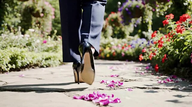 Elegant woman in stilettos walking through a blooming summer garden