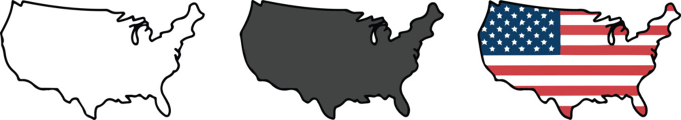 Fototapeta premium Minimalist United States map icon set with outline, black silhouette and American flag design in clean flat vector style