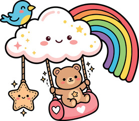 Fototapeta premium Cute kawaii style teddy bear swinging on pink swing under smiling cloud with star and rainbow with cheerful blue bird