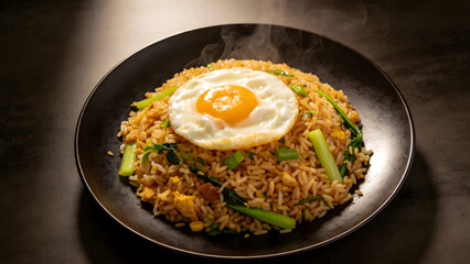 A steaming plate of fried rice topped with a fried egg on a dark surface viewed from directly above
