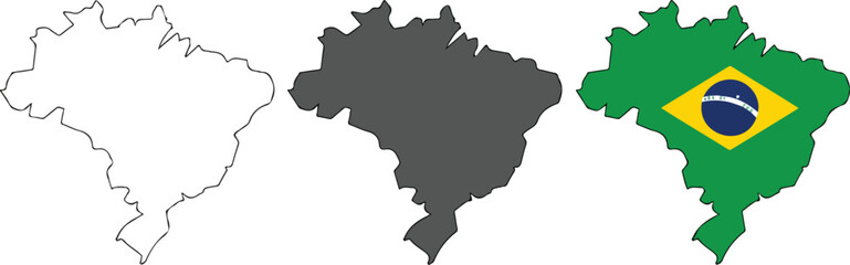 Minimalist Brazil map icon set with outline, black silhouette and Brazilian flag design in clean flat vector style