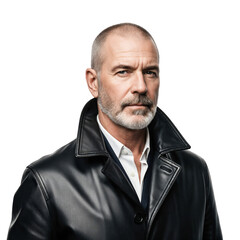 Fototapeta premium Mature Male Private Investigator in Black Leather Coat, Senior Detective Portrait