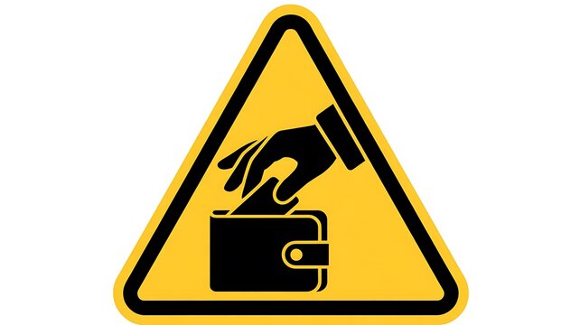 Warning sign of pickpocketing, yellow triangle with black hand and wallet icon
