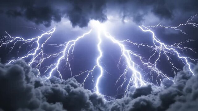 Lightning bolt illuminating stormy sky with dark clouds