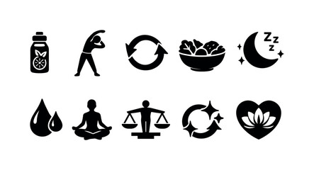 Fototapeta premium Health and wellness solid icon set. Nutrition, fitness, meditation, sleep symbols