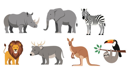 Obraz premium Collection of various wild animals including a rhino elephant zebra lion deer kangaroo sloth and toucan on a white background.