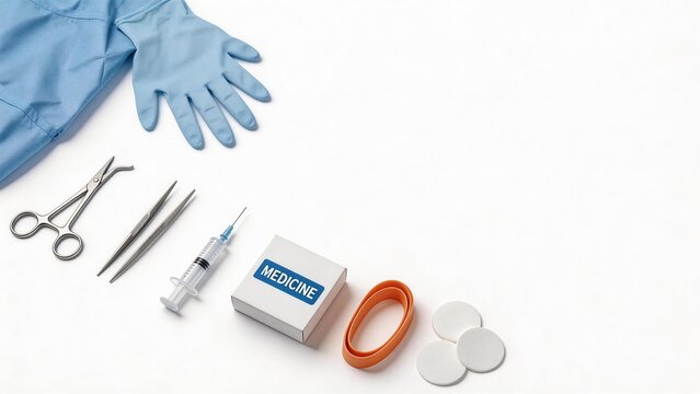 Medical instruments and supplies on white background
