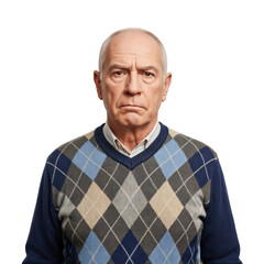 Obraz premium Stern senior male portrait with grumpy expression wearing blue argyle sweater