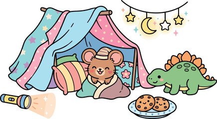 Obraz premium Cute smiling mouse in pajamas inside colorful blanket fort with stuffed dinosaur cookie plate and stars moon light