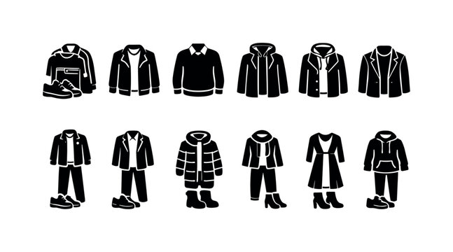 Fashion apparel silhouette icon set. Clothing, outerwear, footwear silhouette collection