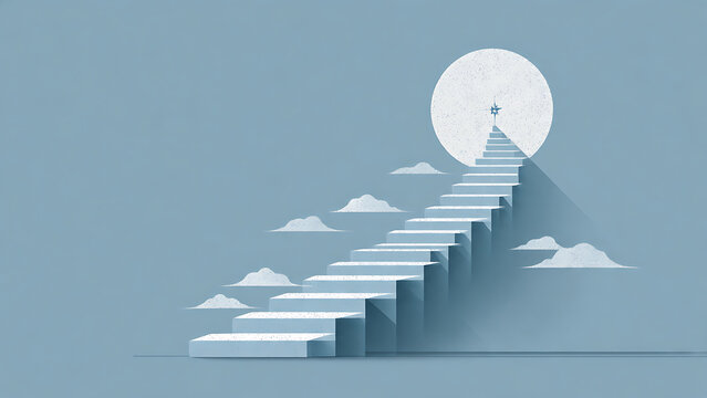 Minimalist flat vector illustration of a staircase leading up to the sun, symbolizing success and achievement