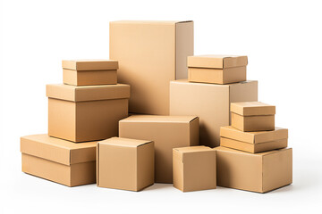Fototapeta premium Large stack of various brown cardboard boxes isolated on a white background. Different sizes of closed paper parcels and packages for shipping, delivery, moving and storage