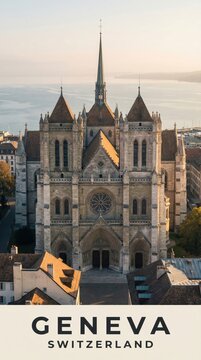 Geneva Switzerland Gothic Cathedral Historic City Scenic Travel Poster