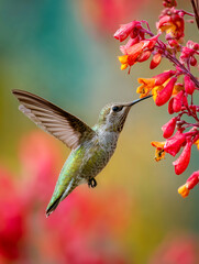 Fototapeta premium Small Anna hummingbird hovering near bright red flowers to drink nectar. Beautiful nature photography of a tiny bird in flight with vibrant floral background. Wildlife in the garden