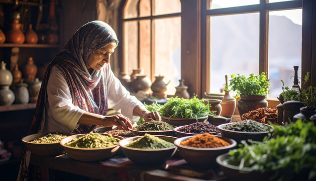Senior Iranian Woman Hand Picking Dried Herbs and Spices in Rustic Bazaar Shop with Golden Hour Sun Lighting and Clay Pottery