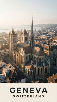 Geneva Switzerland Gothic Cathedral Historic City Scenic Travel Poster