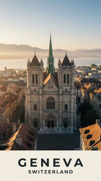 Geneva Switzerland Gothic Cathedral Historic City Scenic Travel Poster