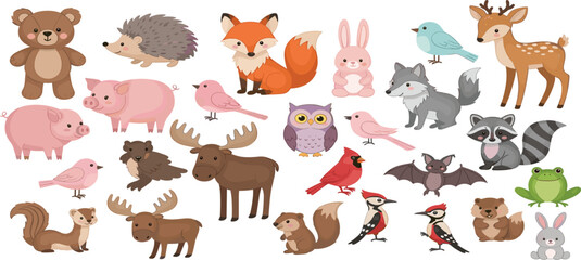 Fototapeta premium Cute Forest Animal Collection Featuring Bear Fox Deer Rabbit Raccoon Owl Moose and Woodland Birds Vector Illustration Set