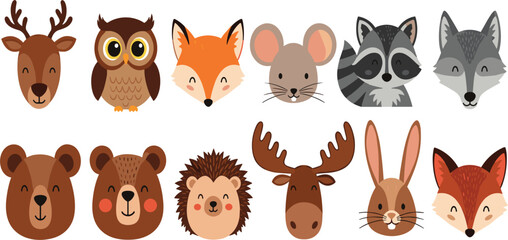 Fototapeta premium Cute Woodland Animal Face Collection Featuring Deer Owl Fox Bear Hedgehog Moose Rabbit and Raccoon Vector Illustration Set