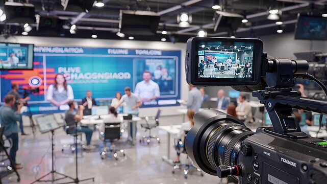 professional camera setup in tv studio, interview recording, news broadcast | media, technology, business, news, studio theme