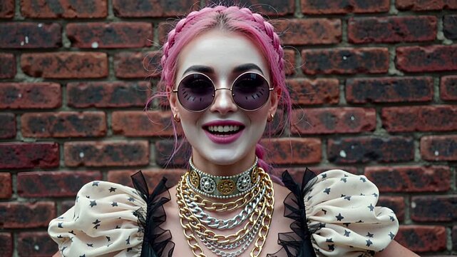 pink hair victorian style woman in sunglasses elaborate makeup close-up | fashion, beauty, portrait, vintage, editorial theme
