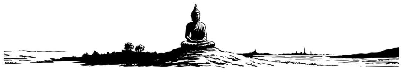 Minimalist black and white hand drawn landscape with a seated buddha statue silhouette