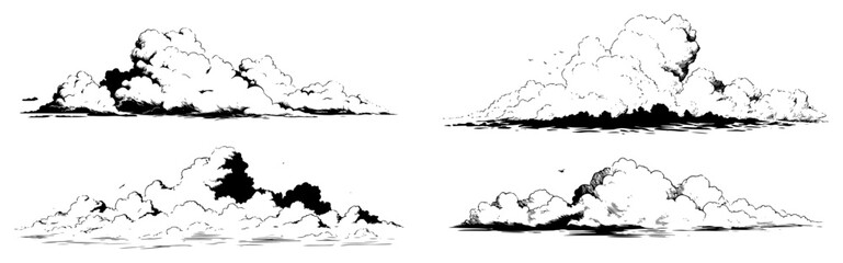 Collection of hand drawn fluffy clouds in manga and anime sky illustration style