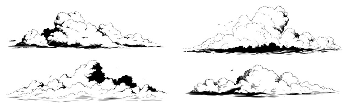 Collection of hand drawn fluffy clouds in manga and anime sky illustration style