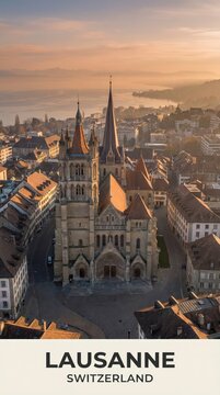 Lausanne Switzerland Gothic Cathedral Lake Geneva Scenic Travel Poster